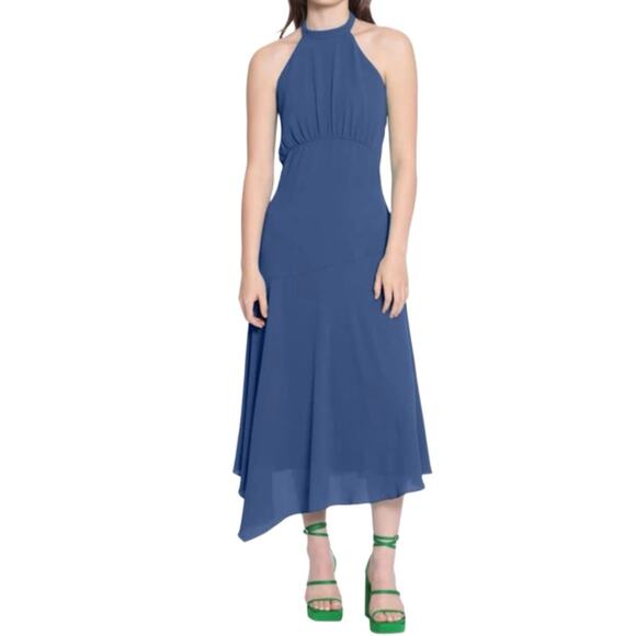 Donna Morgan Catalina Crepe Halter Maxi Dress Blue Women’s Sz 12 - Picture 1 of 5